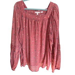 Lauren Conrad size XL pink print square neck pleated balloon sleeve peasant top